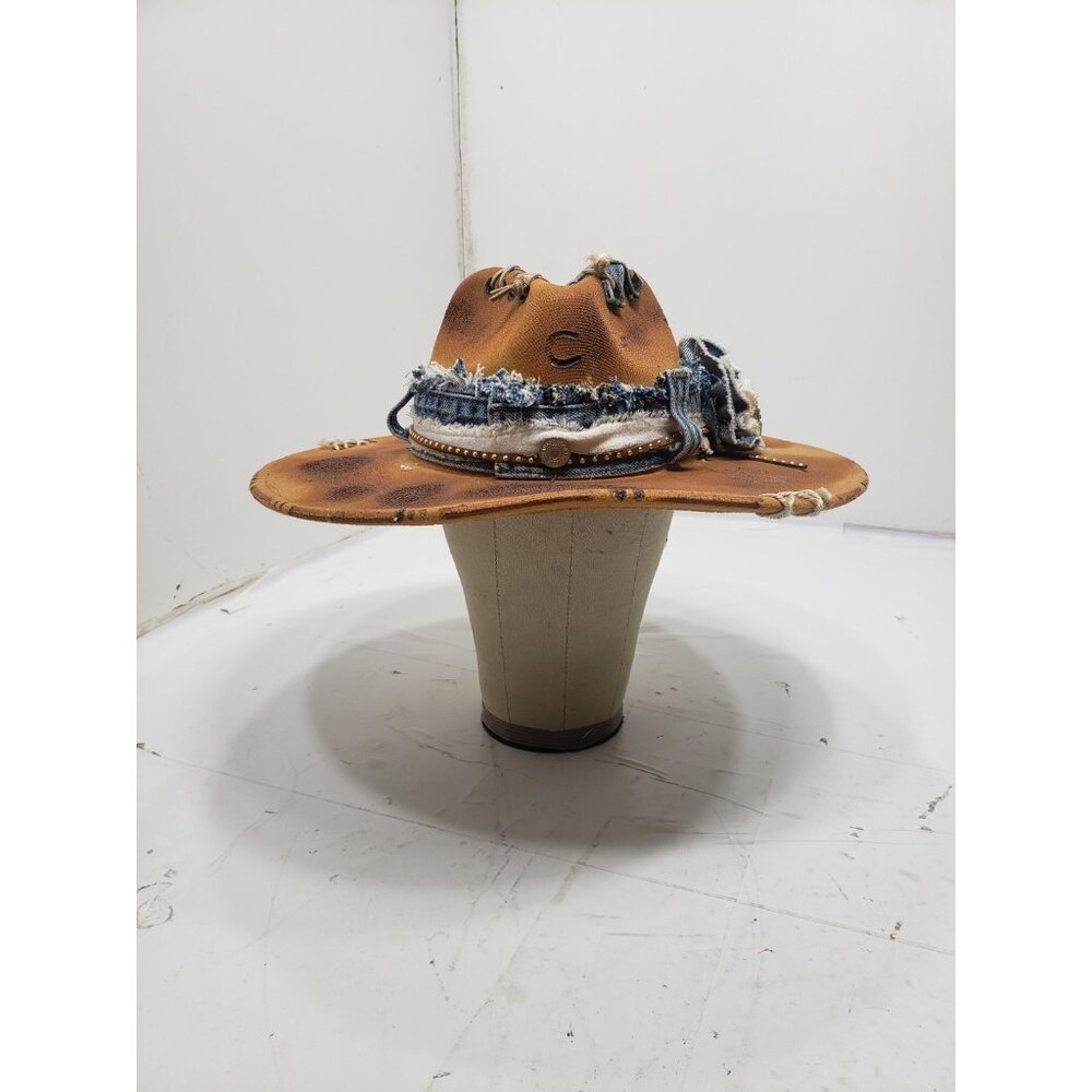 Distressed Western Cowgirl Hat W/ Denim Trim & Custom Stitching Boho Look